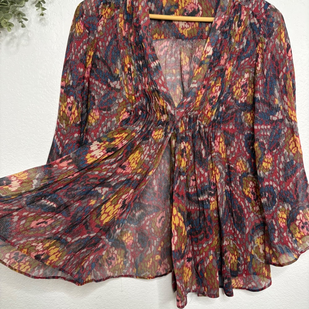 Elizabeth and James Silk Metallic Paisley V-Neck Bell Sleeve Blouse Small Multi - Picture 6 of 8